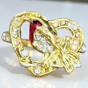 Gold Plated Heart Ring with Red Painted Bird Crystal Accents